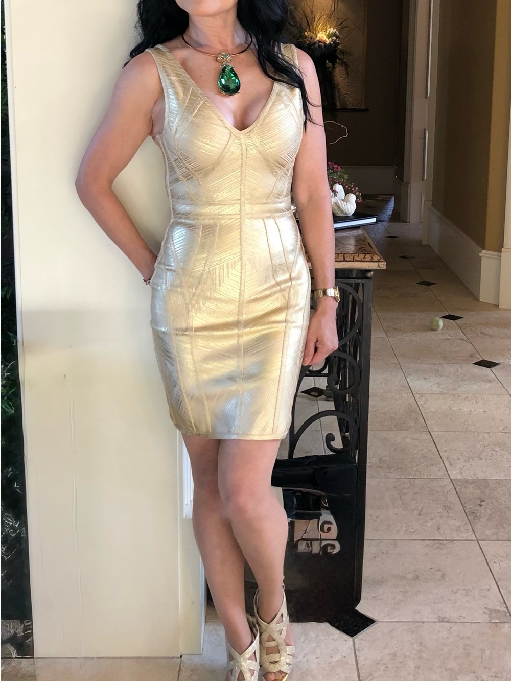 Metallic Gold V-Neck Bodycon Mini Dress